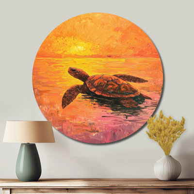 Tortue au coucher du soleil - art mural côtier en métal, art animalier imprimé océan