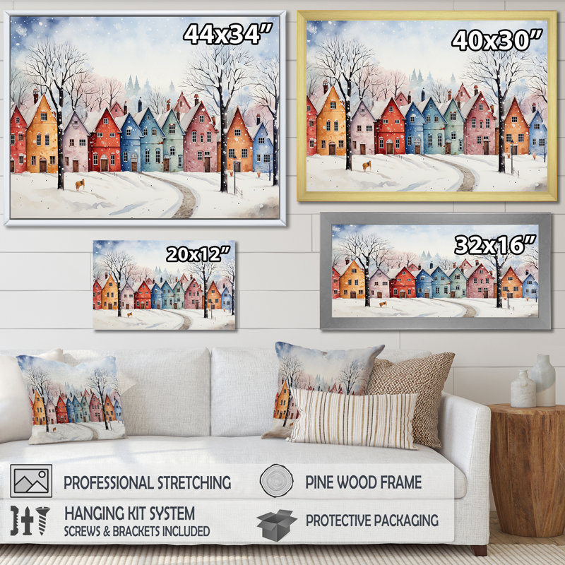 Décoration murale multicolore ville givrée en hiver II - Paysage d'hiver, Toile tendue, H 28 po x l 60 po x P 1,5 po