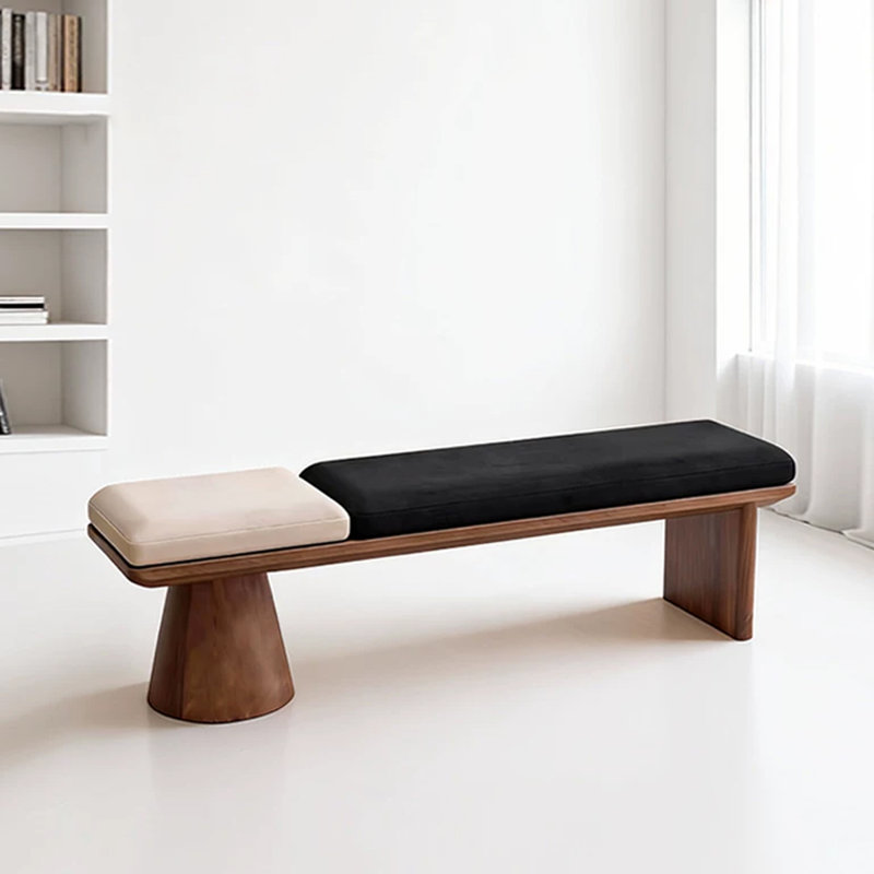 Banc rembourré en bois massif beige, H 17,72 po x l 62,99 po x P 13,78 po, Blanc/Noir