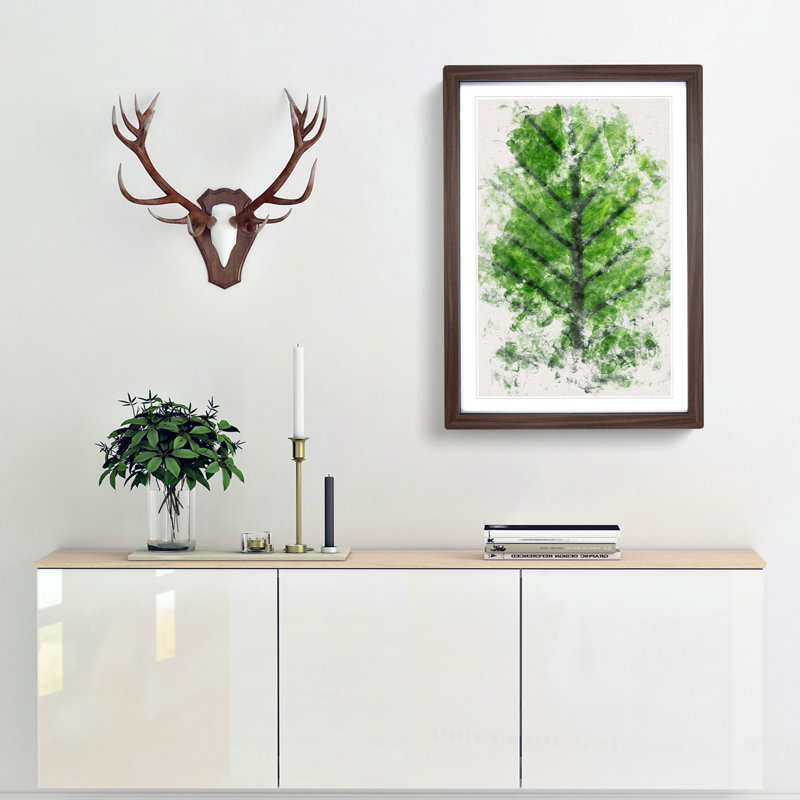 Green Leaf Lines Watercolour - Picture Frame Graphic Art, Walnut Framed, 63cm H x 45cm W x 2cm D