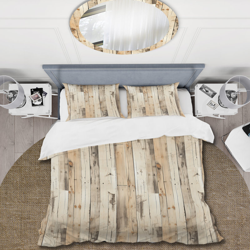 Ensemble de housse de couette beige et rustique en bois Countyhome, Housse de couette simple + 1 taie décorative stan