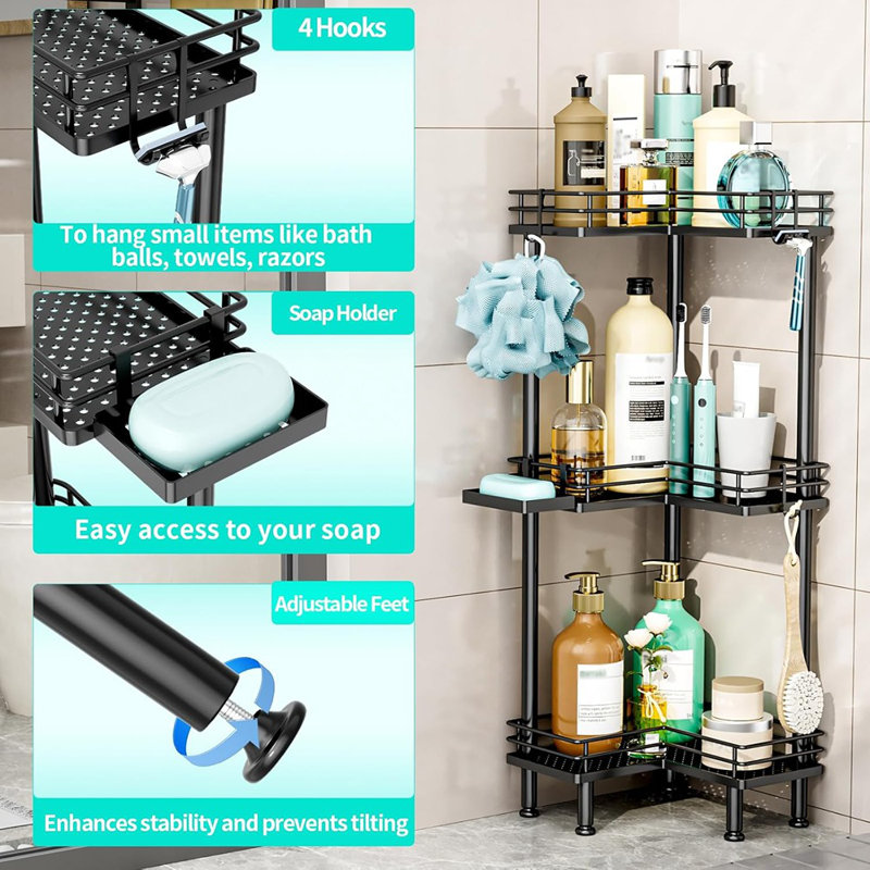 Hapirm Corner Shower Caddy Standing - Black - 3-Tier Rustproof Shower Organizer With Soap Holder And 4 Hooks, Floor-Standing Bathroom Corner Storage