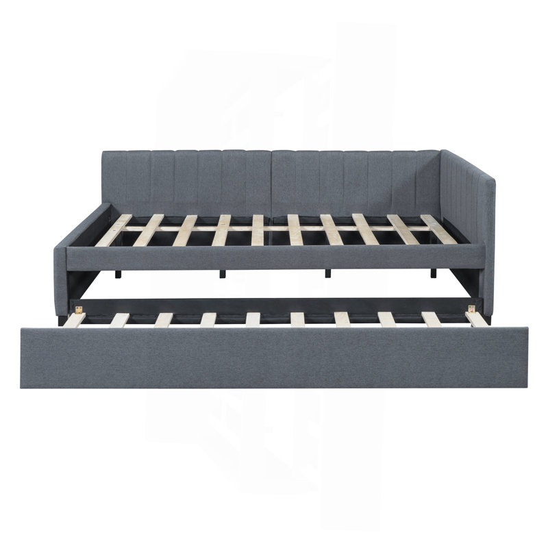 Full Size Upholstered Daybed With Trundle Sofa Bed Frame No Box Spring Needed, Linen Fabric(Gray), Gray