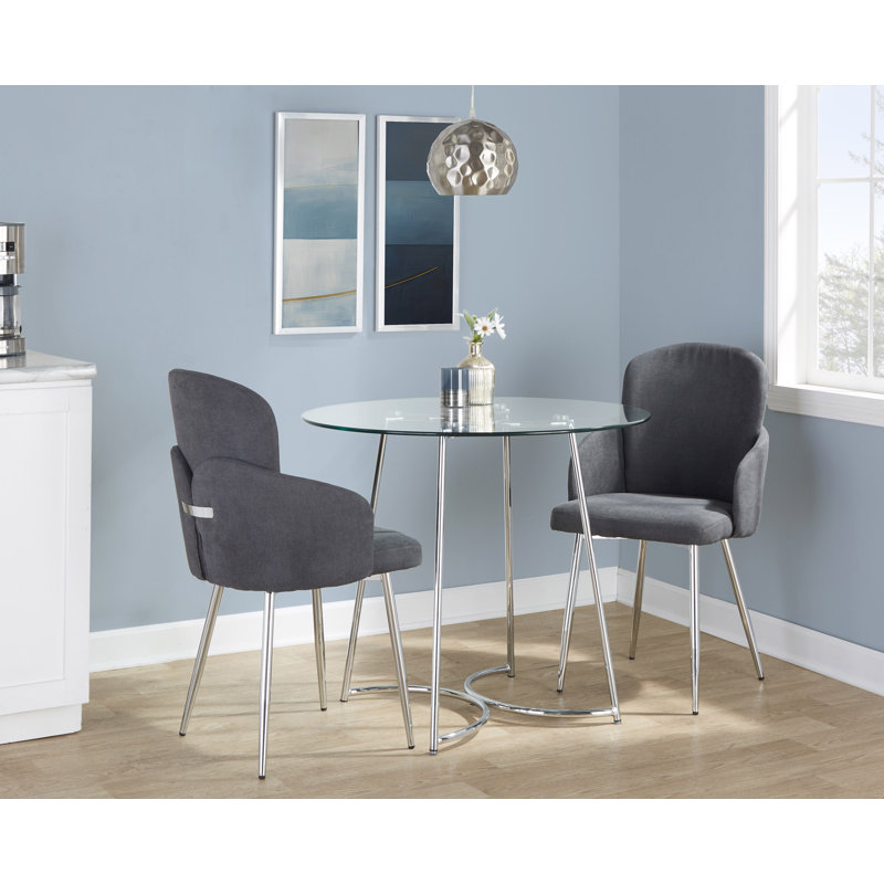 Chrome and Clear Glass Dining Set with Grey Fabric Chairs - 3 Piece