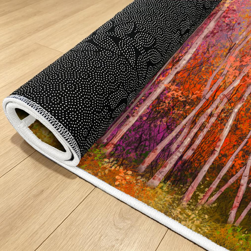 Orange Oil Painting Landscape Colorful Autumn Trees Abstract Forest Aspen Machine Washable Indoor Area Rug