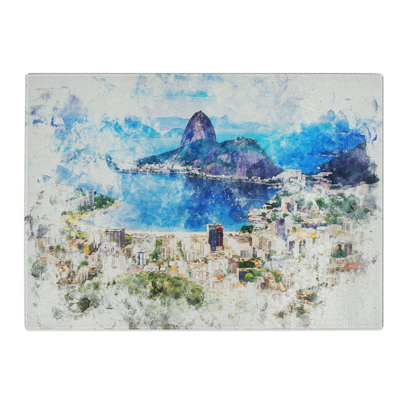 Rio de Janeiro Skyline in Brazil Watercolour Chopping Board, 0.4cm H x 20cm W x 28.5cm L