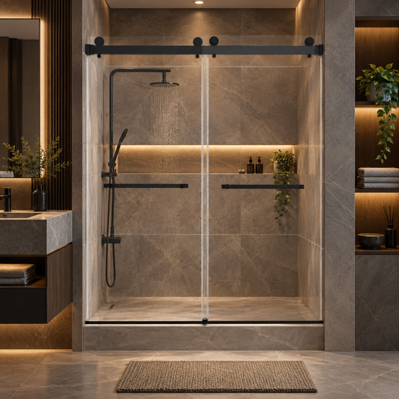 56" - 60" W x 74'' H Double Sliding Frameless Shower Door, 1/4" Clear Tempered Glass with Quiet Rollers, SGCC Certified