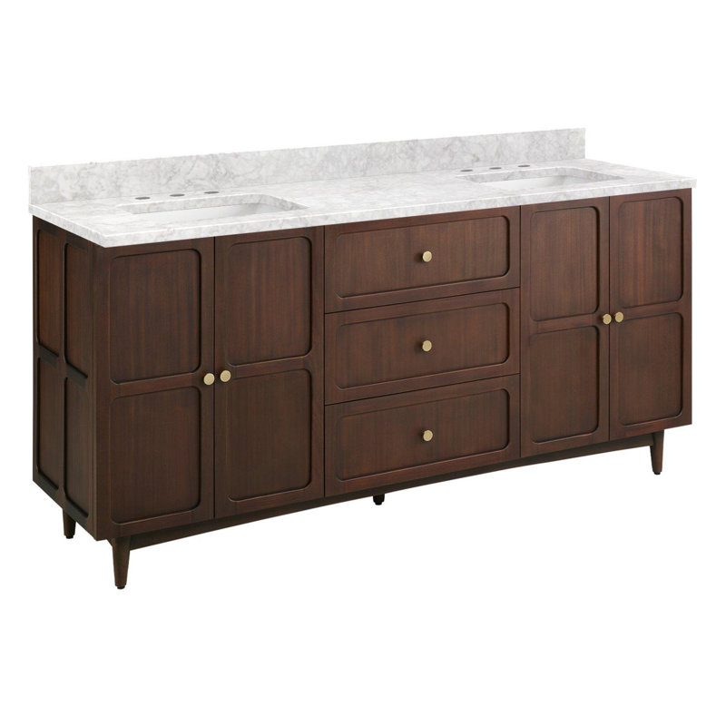 72" Delavan Vanity With Rectangular Undermount Sinks, 8" Widespread, Carrara Marble, 72"
