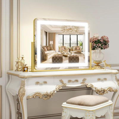 Lighted Vanity Mirror With Smart Touch Dimming, 3 Color Adjustable LED Makeup Mirror, 360° Rotating Tabletop Mirror With Sturdy Aluminum Alloy Frame, Large Light Up Mirror For Makeup Desk