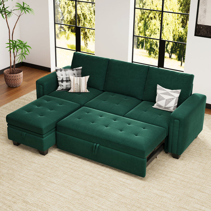Shavera Velvet Modular Sectional L-Shaped Sleeper Sofa Bed With Storage Ottoman For Living Room Apartment, Green Velvet