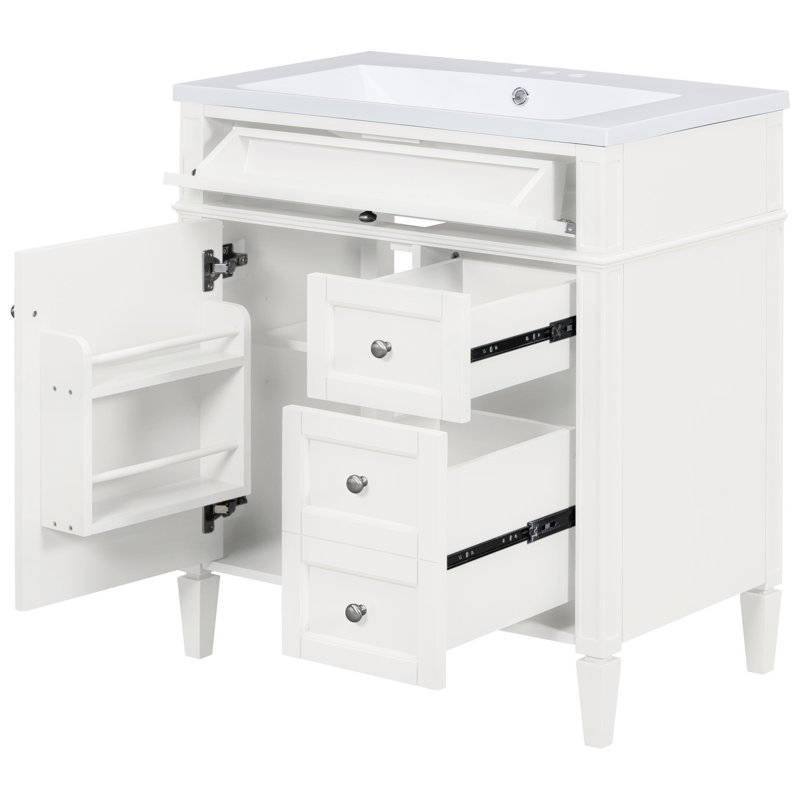 Meuble-lavabo moderne de 30 po avec lavabo supérieur, 2 tiroirs, tiroir coulissant, tablette réglable, glissières de tiroir en métal lisse, fonctions de rangement variées, pieds romains exquis, poignée texturée, blanc