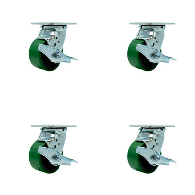 4 Inch Green Poly on Steel Caster Set with Roller Bearings and Brake/Swivel Lock/SCC-30CS420-PUR-GB-TLB-BSL-4