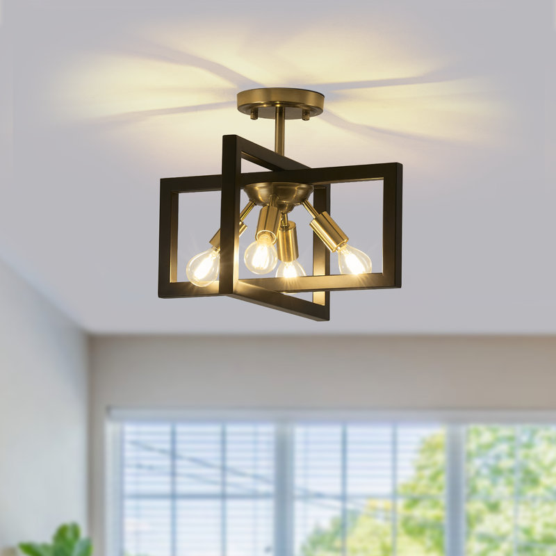 Plafonnier semi-encastré carré noir / or à 4 lumières de 14,6 po Andranae pour vestibule de chambre à coucher, Noir et or