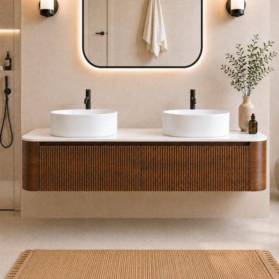 72 inch Preassembled Floating Bathroom Vanity with Vessel Sink, Integrated Towel Bar, and Sculptural Fluted Cabinet