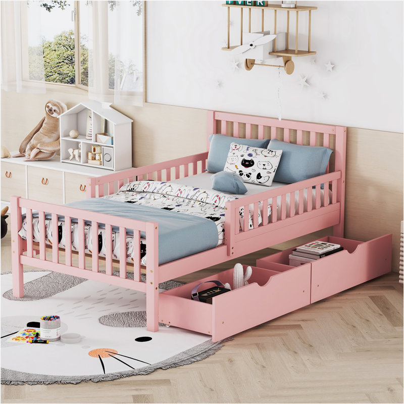 Twin Wood Platform Bed with Guardrails on Both Sides and Two Storage Drawers, Pink