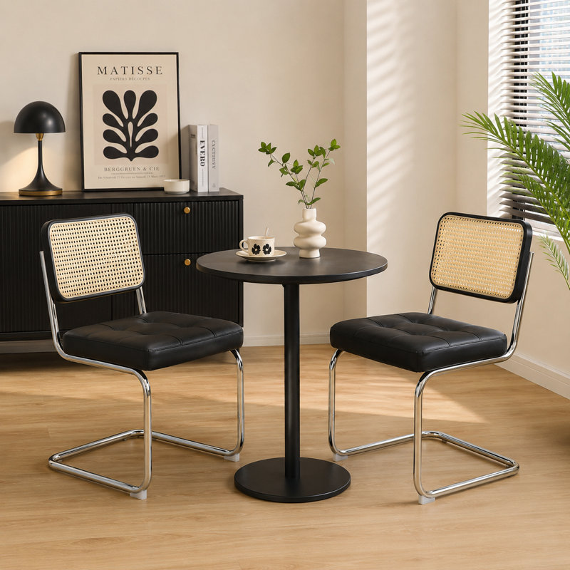 Faux Lather Rattan Cantilever Chairs With Chrome Legs(Set of 2), Black