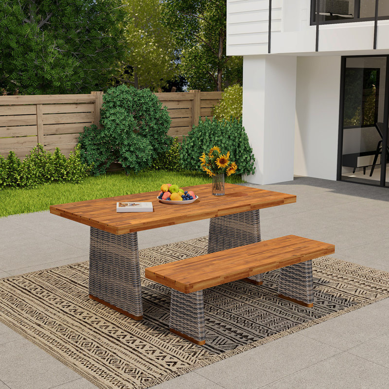 Ensemble de table de salle à manger d'extérieur en bois d'acacia avec 1 table et 1 banc, gris, Gris