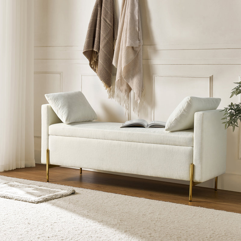 Louvenia 127cm Upholstered Flip Top Bench With Subdivided Storage and Toss Pillows, Ivory