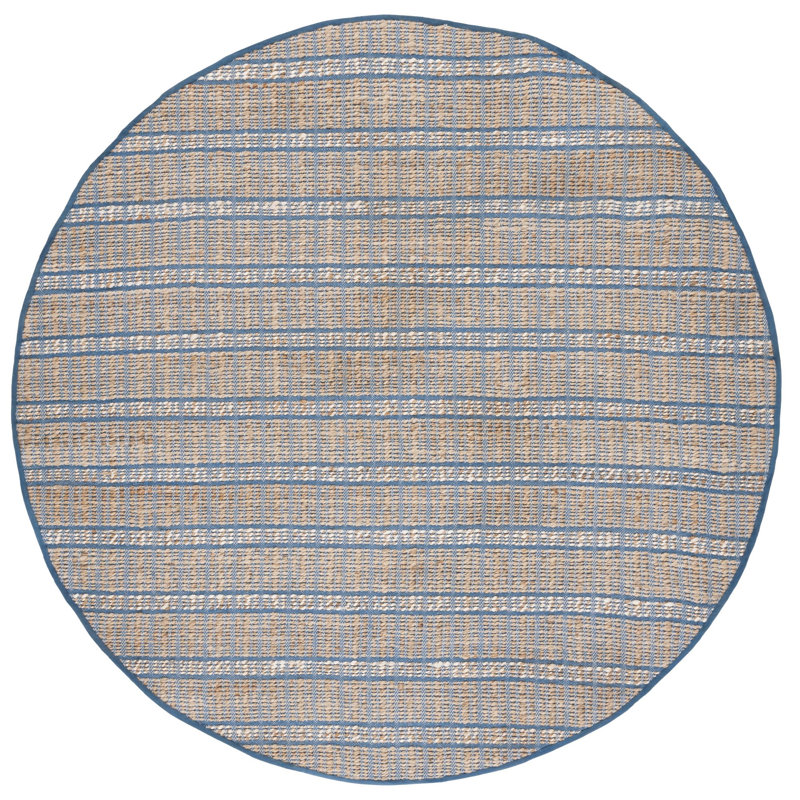 Oullins Natural Fiber Flat Weave Jute/Cotton Striped Rug in Blue/Natural, Round 7'