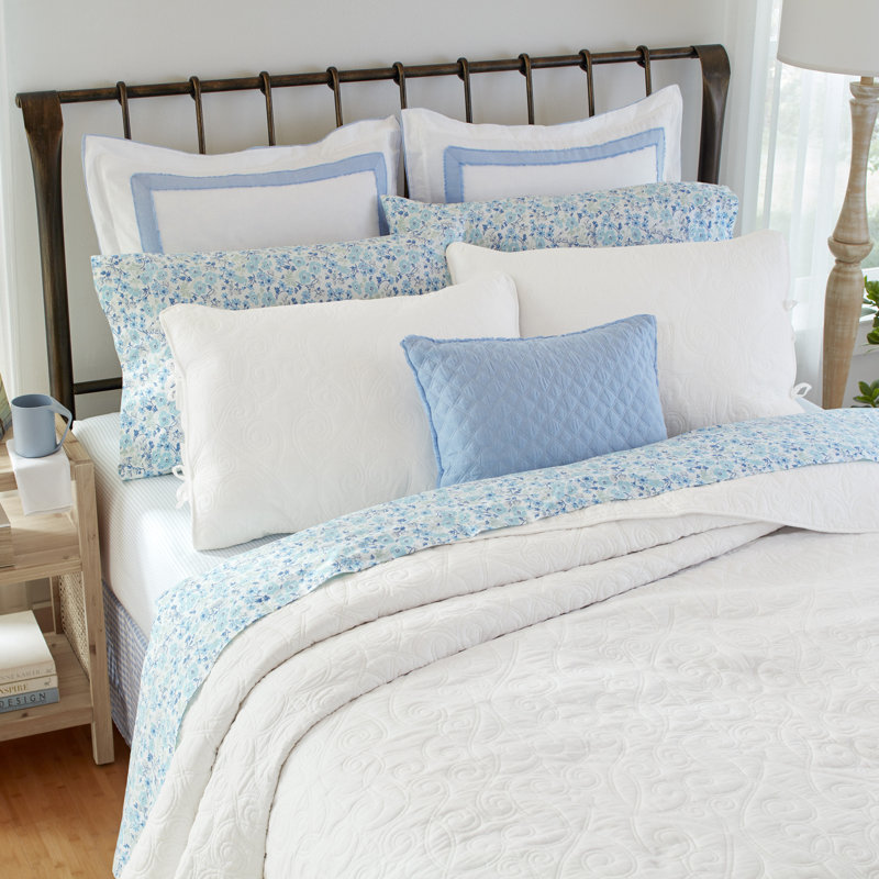 Laura Ashley Felicity Cotton Reversible Quilt Set, Full/Queen Quilt + 2 Standard Shams, White