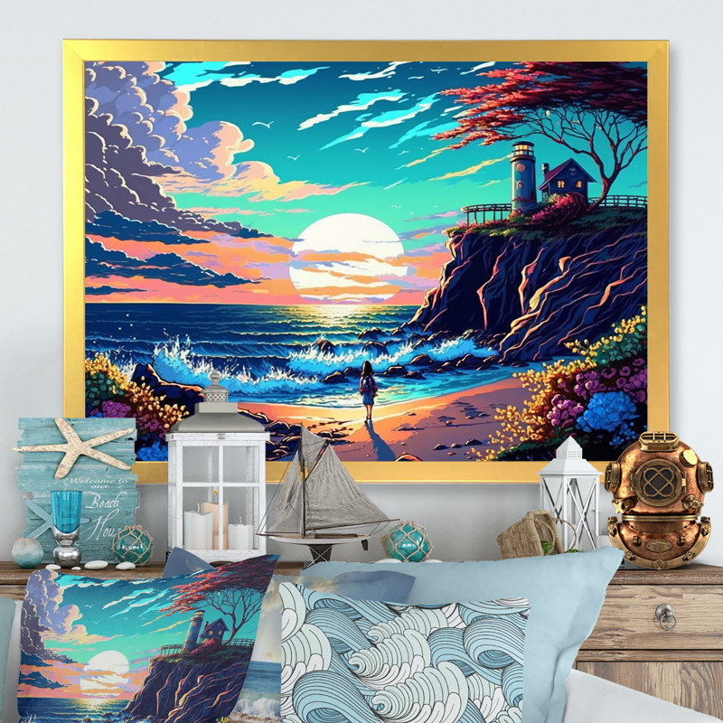 «Modern Sunset in Vector Style II», reproduction sur toile, L 20 po x H 12 po, Cadre photo doré