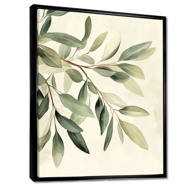 Douce eucalyptus olive branche IV - verdure, art mural, H 40 po x l 30 po, Cadre flottant noir