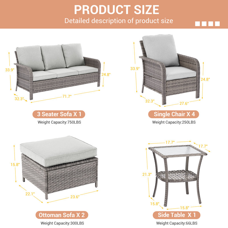 Ensemble de canapé de patio 6 pièces avec table, osier en rotin de polyéthylène pour terrasse, terrasse et cour, Gris plomb