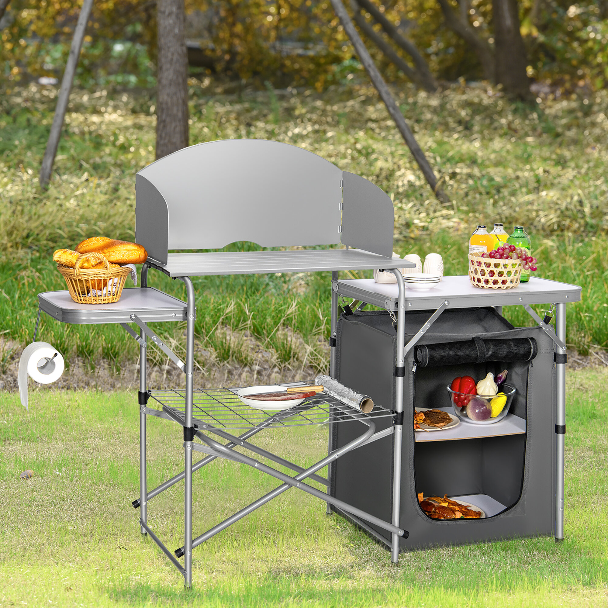 Goplus Folding Grill Table, Aluminum Camping Table with 26'' Main Tabletop,  Hooks and Carry Bag, Portable Picnic Table Grill Stand for Outdoor