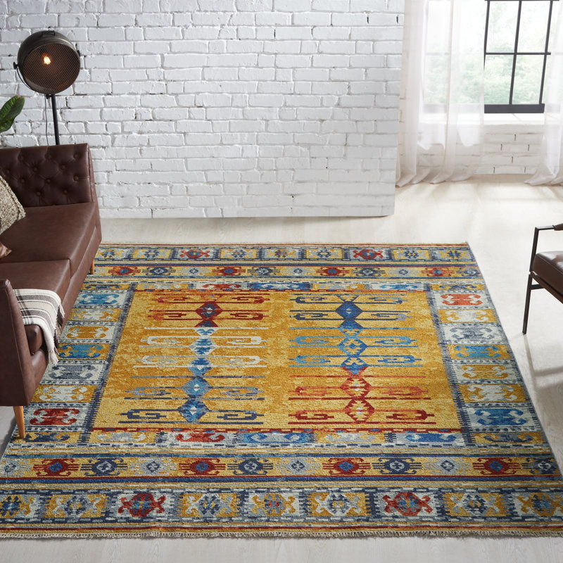 Zahara Hand Knotted Wool Area Rug in Saffron; Gold; Blue; Red, Rectangle 5' x 7'