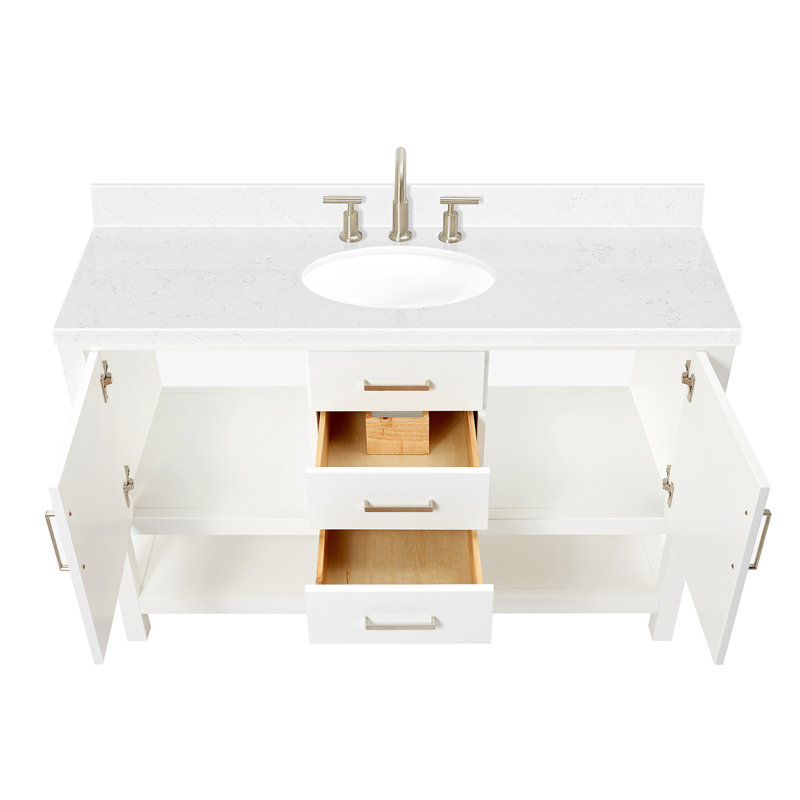Single Bathroom Vanity with Carrara Quartz Top, White, 54"