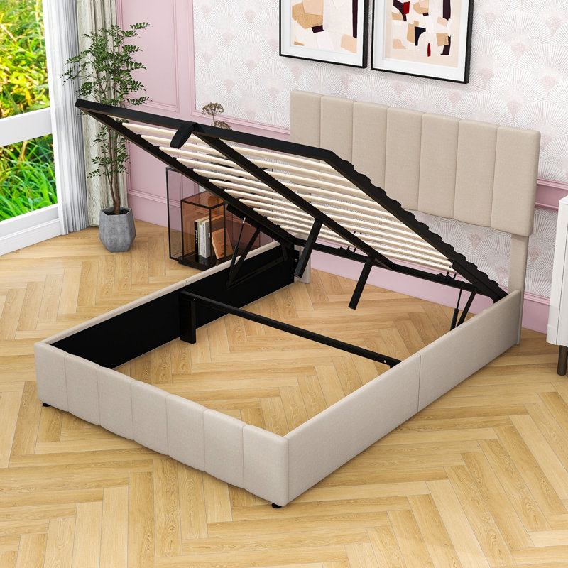 Lit plateforme tapissier avec système de rangement hydraulique et tête de lit, Beige, Double