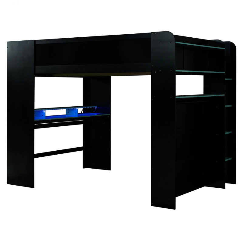 Lit superposé en bois avec bureau à hauteur réglable, garde-robe et lumière RVB