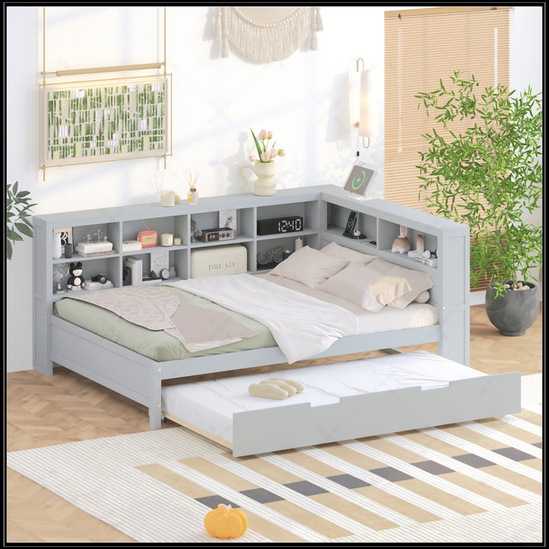 Wooden Daybed With Twin Size Trundle, Gray, Full