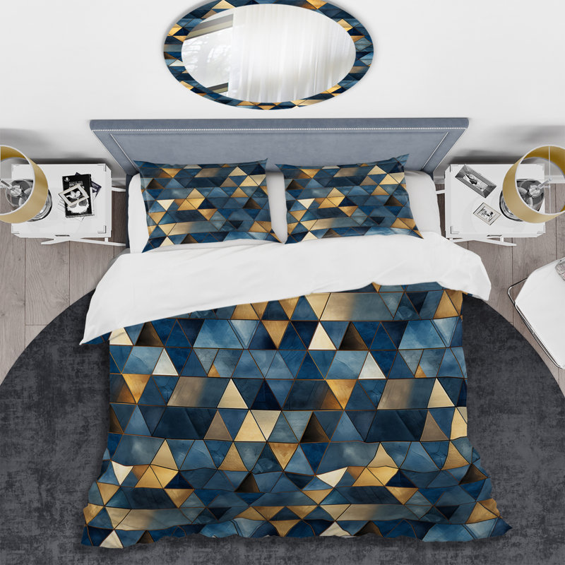 Natural Tones Grey And Beige Mosaic Geometric Shapes Duvet Cover, Queen Duvet Cover + 2 Standard Shams, Geometric Shapes 6