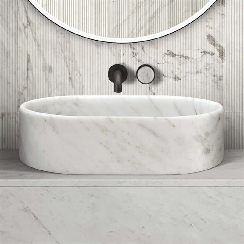 White Natural Marble Bathroom Vessel Sink, White/Natural