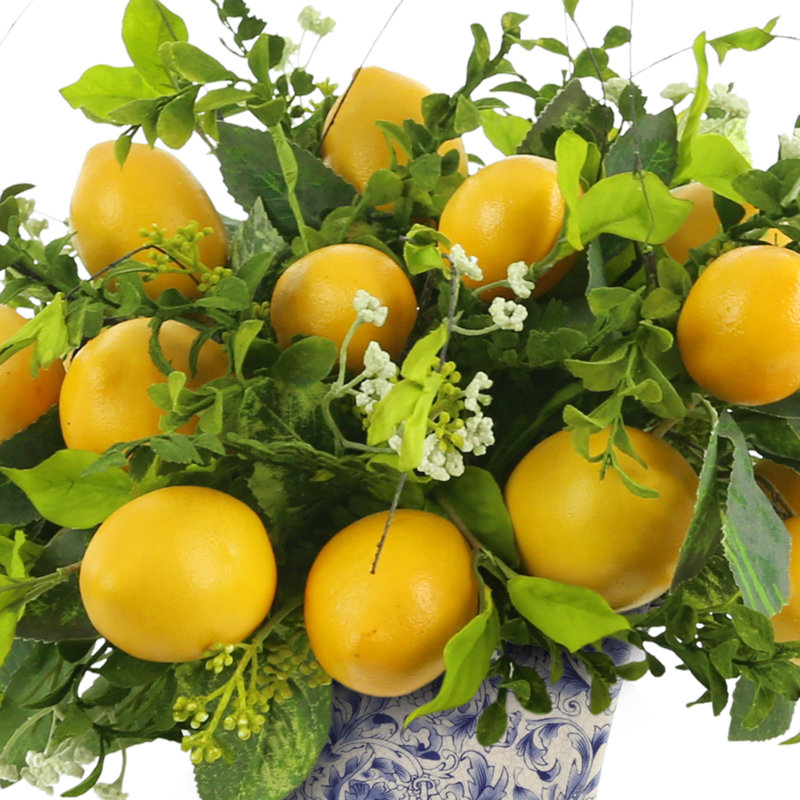 Lemon Arrangement In White Blue Ceramic Pot