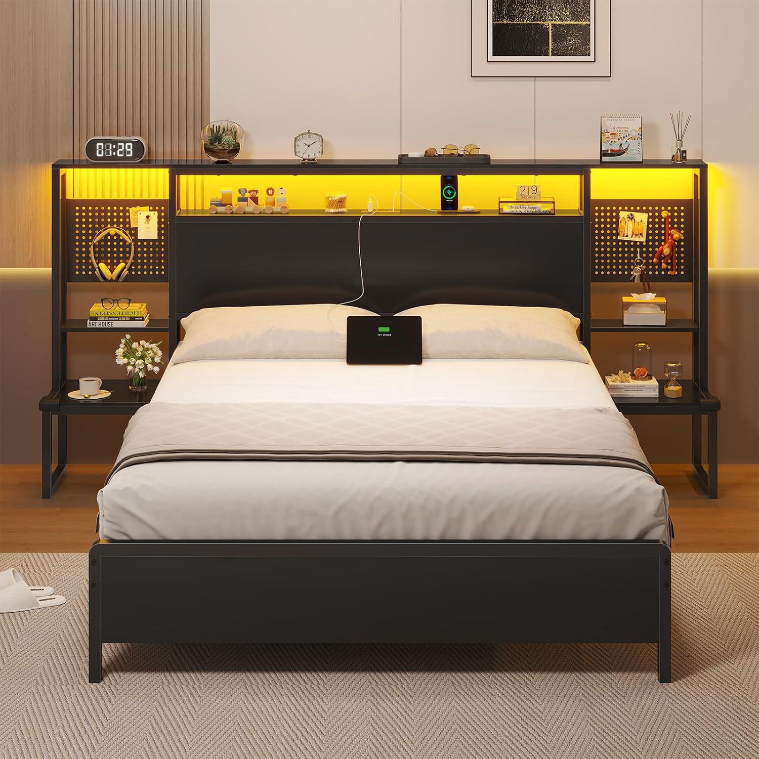 Ivy Bronx King Size Bed Frame With Storage Headboard & Power Outlet