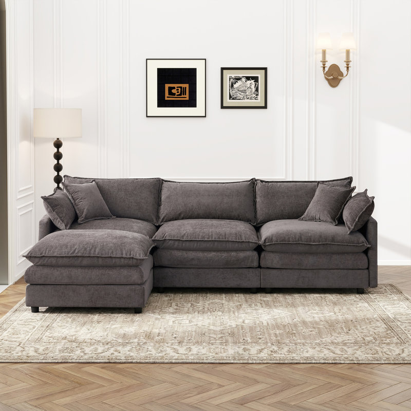 105" 3-seater Sofa L Shaped Sectional Couch Chenille Upholstery Sofa With Ottoman For Living Room And Office, Gray Chenille