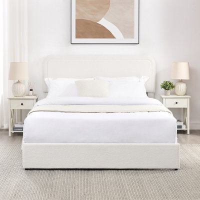 Liv Patented 2-Drawers Storage Bed Size Ivory Boucle Upholstered Platform Bed, Curved Stitched Tufted Headboard, Wooden Slat Mattress Support, No Box