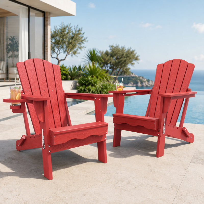 Cyani Folding Adirondack Chair With Cup Holder,HDPE Outdoor Chair With Comfort Ergonomic Seat For Patios,Lawn,Garden, Backyard Use