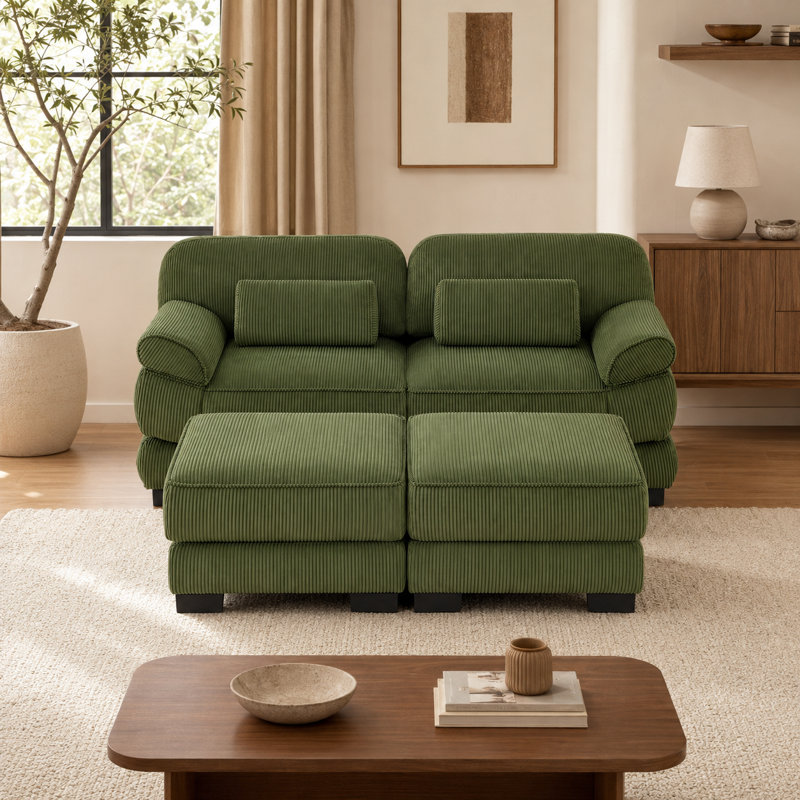 Canapé modulaire réversible en velours côtelé avec repose-pieds et dossier réglable de 76,4 po Lunvella, Green