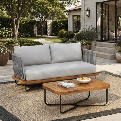 Ensemble de causeuse et de table Lucca en bois d'acacia tissé avec corde, gris, durable et élégant