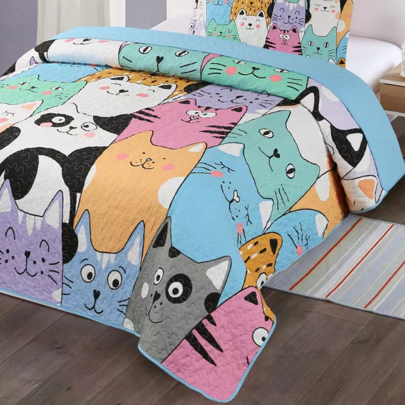 Blue Cat Twin Size Reversible Kids Quilt Set