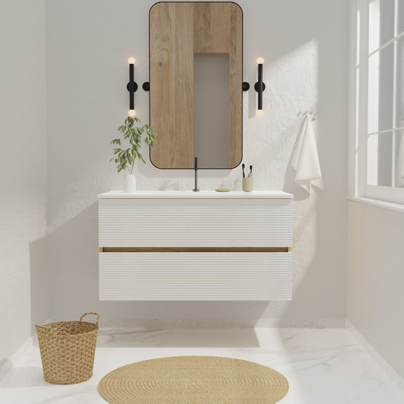 Meuble-lavabo simple 36 po avec plateau pré-assemblé, Blanc neige / chêne naturel