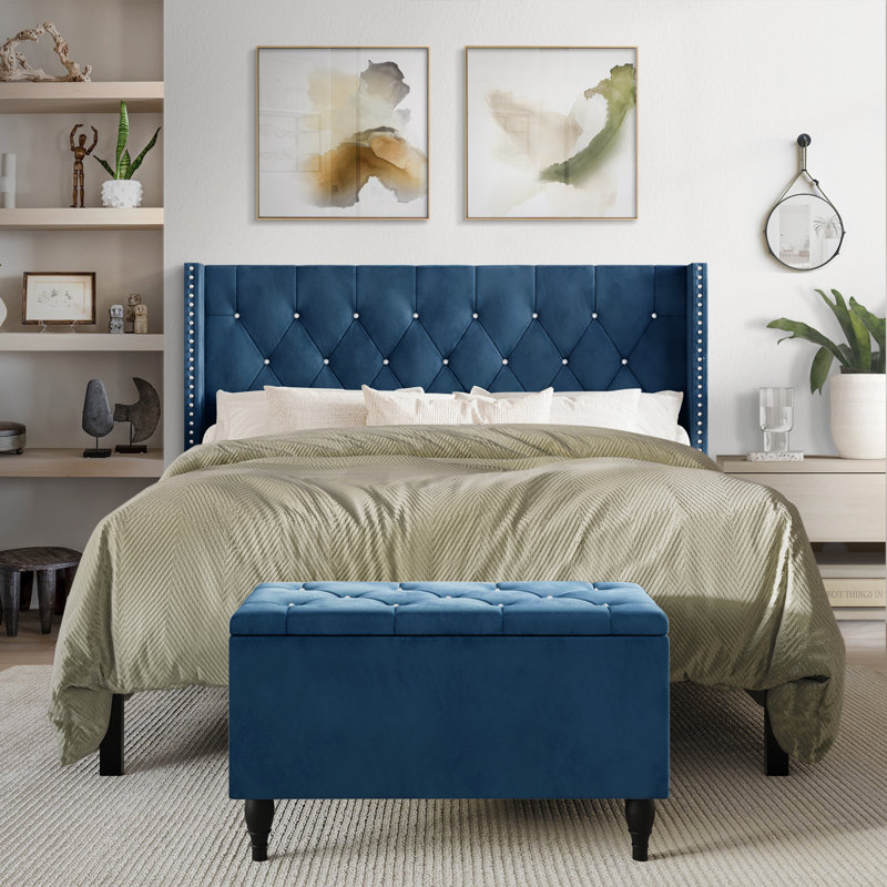 Falaq Solid Wood Piece Bedroom Set, Navy Blue, King