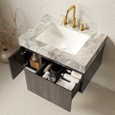 30" Bathroom Vanity&Sink, Floating Plywood Storage Cabinet with Drawer&Door, Light Gray Sintered Stone Top&Ceramic Basin with 3 Pre-drilled Faucet Holes