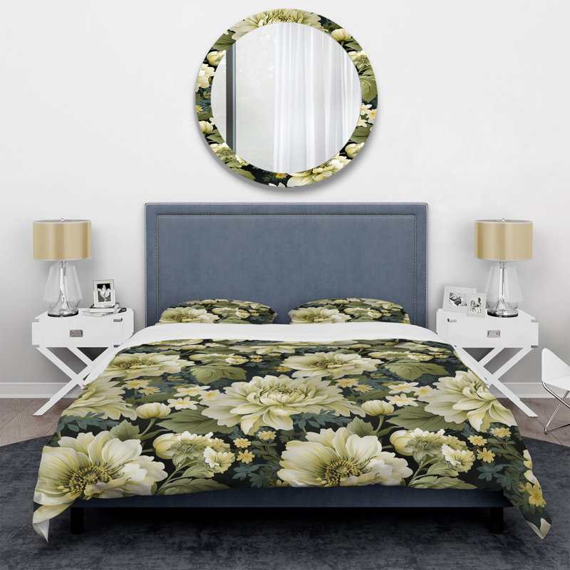 Ensemble de housse de couette beige et vert pivoines damassées Serenity I - Floral