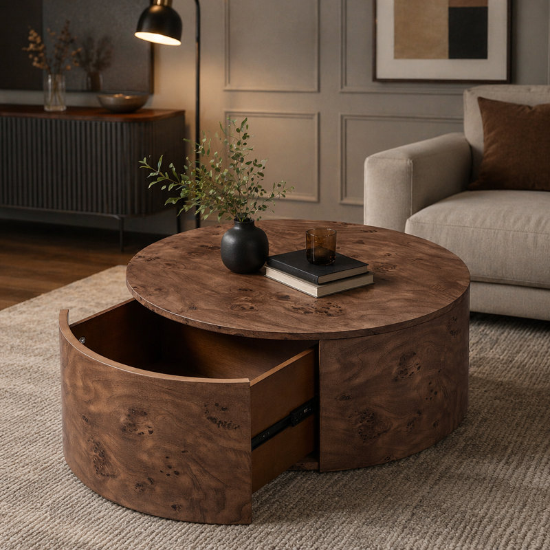 Table basse rotative en bois avec 2 tiroirs, plateau tournant à 360 °