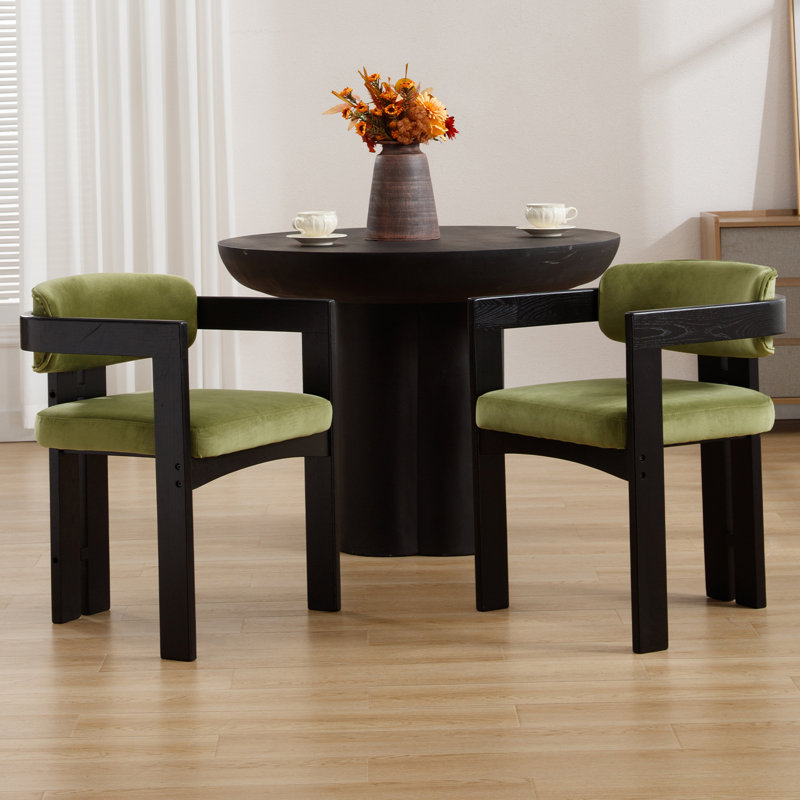 Wooden Upholstered Barrel Dining Chairs (Set of 2), Black/Green