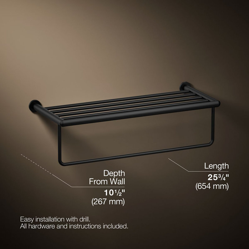 Kumin Hotelier Accent Shelf with Towel Bar, Matte Black